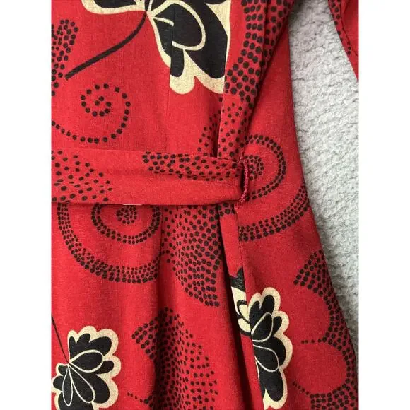 Tristan & Iseut Wrap Dress Small Knee Japanese Floral Red Ruffle Retro 70s Y2K - Picture 12 of 16